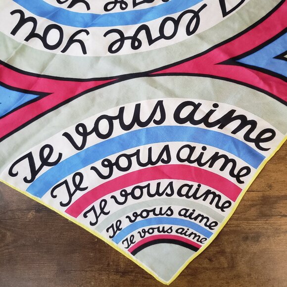 I Love You/Je Vous Aime Vintage French Silk Scarf Pink Blue White Yellow - Picture 8 of 9